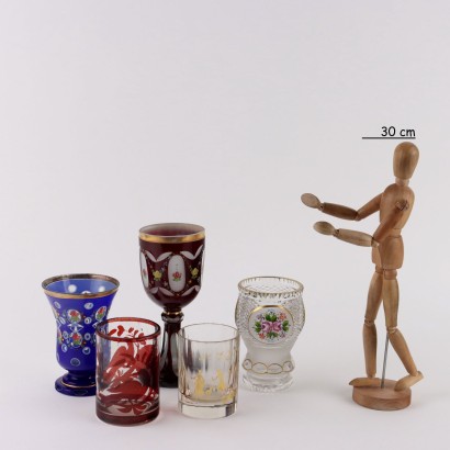 antigüedades, vidrio, antigüedades de vidrio, vidrio antiguo, vidrio italiano antiguo, vidrio antiguo, vidrio neoclásico, vidrio del siglo XIX, Grupo de cinco vasos