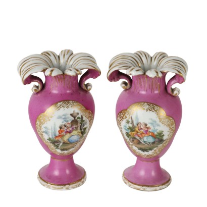 Vases Anciens Porcelaine KPM Allemagne \'800 Rose Décorations Or