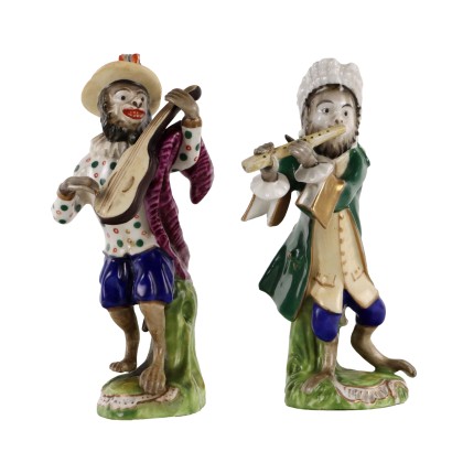 Paire de Singes Orchestrales '800-'900 Porcelaine Peinte