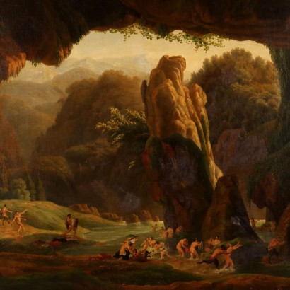 Painting with scene of nymphs and satyrs, nymphs and satyrs bathing