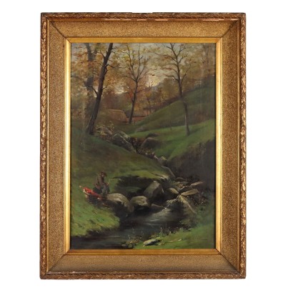 Tableau Ancien avec Paysage de Montagne Huile sur Toile 1894