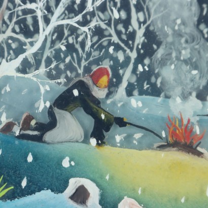 Naive painting by Mario Previ,The bonfire during the snowfall,Mario Previ,Mario Previ,Mario Previ,Mario Previ