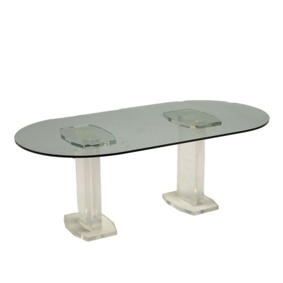 Table Vintage avec Plateau en Cristal Pieds en Plexiglas Années 80