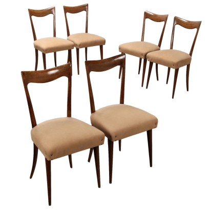 Groupe de 6 Chaises Vintage Bois Tissu Italie Années 50