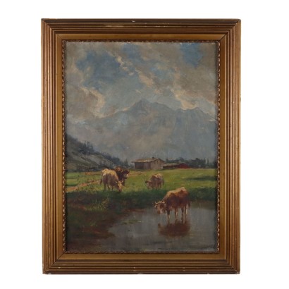 Tableau Ancien Signé Giovanni Riva Paysage de Montagne 1917