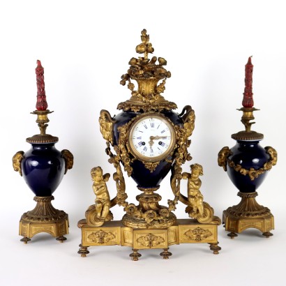 Triptych Clock in Gilded Bronze and P,Triptych Bardon Clock in Gilded Bronze