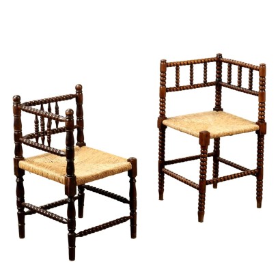 Paire de Chaises d'Angle Anciennes Hêtre Paille XXe Siècle