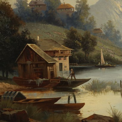 Peinture de paysage avec maison sur le lac,Peinture de paysage avec maison sur le lac