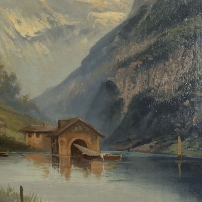 Cuadro de paisaje con casa en el lago,Pintura de paisaje con casa en el lago