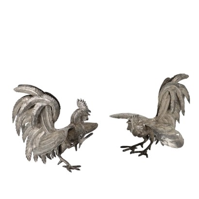 Antique Roosters Silver 925 for Menù Peru XX Century