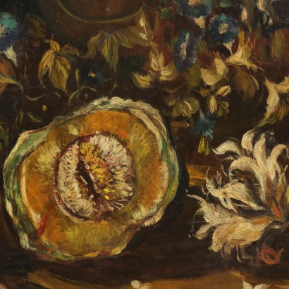 Painting Still Life with Flowers and Pumpkin