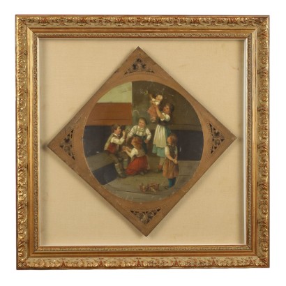 Antique Painting on Metal Game Scene XIX Century