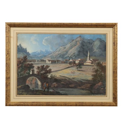 Peinture de paysage avec rivière et personnages,Paysage avec rivière et personnages,Peinture de paysage avec rivière et personnages