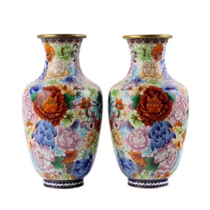 Jarrones Antiguos Cloisonné Decoraciones Policromas China Siglo XX