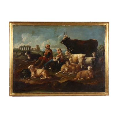 Tableau Ancien Paysage avec Bergers Huile sur Toile '600