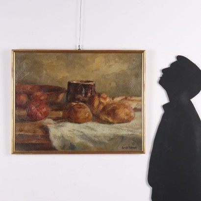 Pintura de Domenico De Bernardi,Composición con pan y tomates,Domenico De Bernardi,Domenico De Bernardi,Domenico De Bernardi