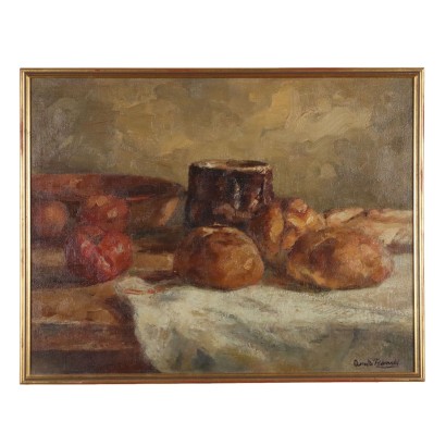 Painting by Domenico De Bernardi, Composition with bread and tomatoes, Domenico De Bernardi, Domenico De Bernardi, Domenico De Bernardi