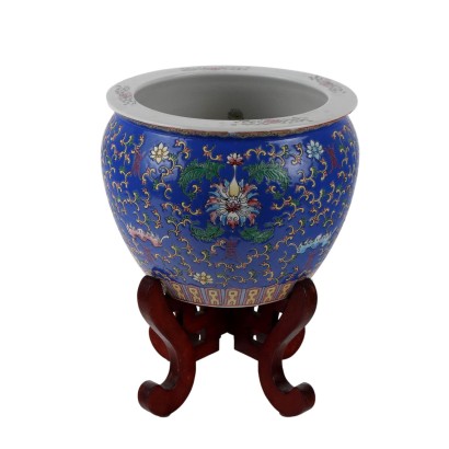 Jarrón Cachepot de Porcelana con Soporte de Madera