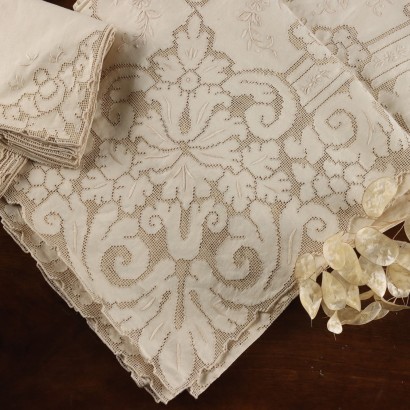 Antique Tablecloth with 12 Napkins Linen Italy XX Century