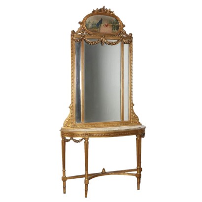 Antique Console Neoclassical Style Mirror Gilded Wood XX Century