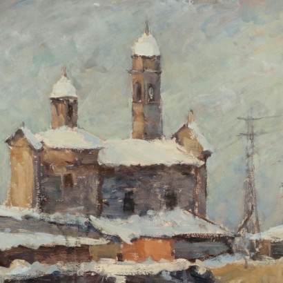 arte, arte italiana, pittura novecento italiana,Gaetano Valbusa ,Scorcio di Paese Innevato,Gaetano Valbusa ,Gaetano Valbusa