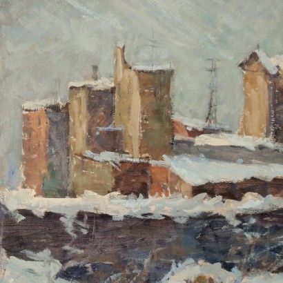 arte, arte italiana, pittura novecento italiana,Gaetano Valbusa ,Scorcio di Paese Innevato,Gaetano Valbusa ,Gaetano Valbusa